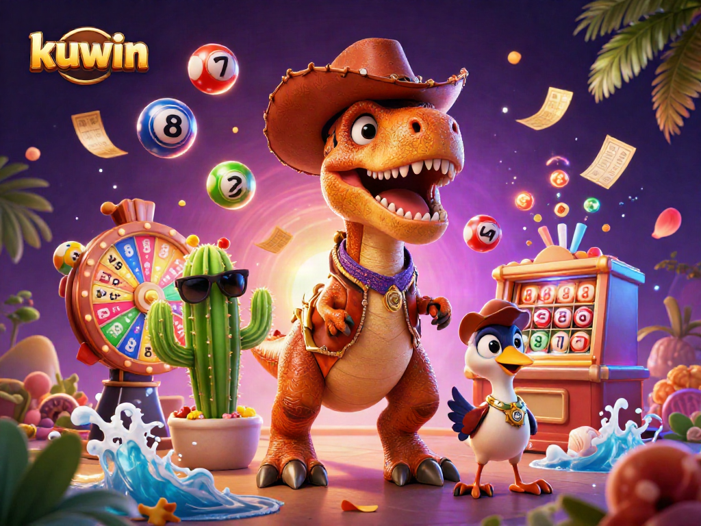 Kuwin brings excitement with a 3D dinosaur cowboy and vibrant lottery elements in a casino scene.