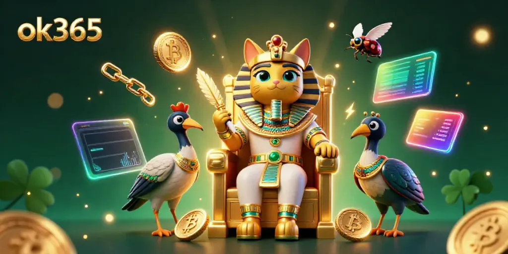 Engage in thrilling gameplay with ok365 as a 3D pharaoh cat surrounded by crypto elements in an exciting casino setting.