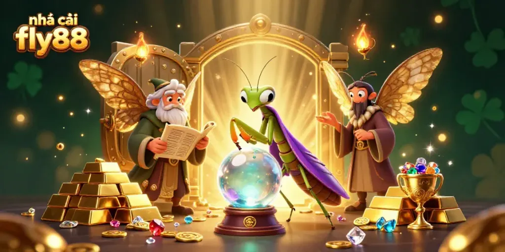 Experience the excitement of nhà cái fly88 with a vibrant 3D scene featuring a fortune teller and ancient librarian.