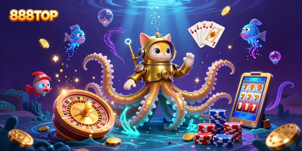 Experience the excitement of 888TOP with a kraken, diving cat, and treasures in a vibrant casino landscape.