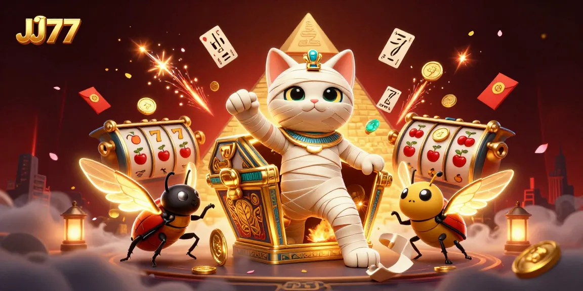 Play thrilling slots and games at JJ77 with dynamic characters in an exciting casino atmosphere.