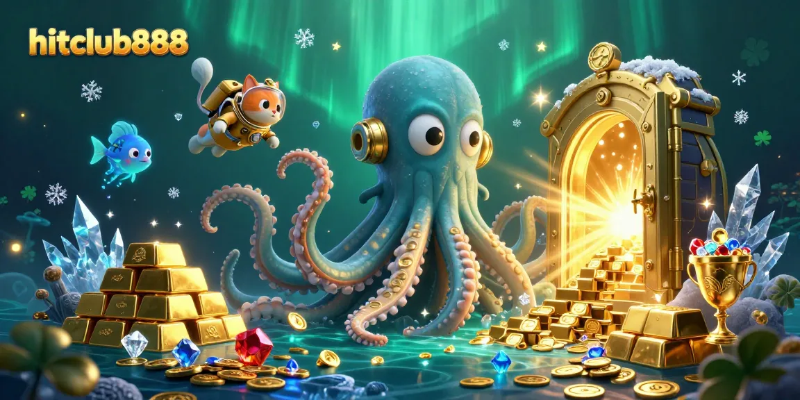 Join hitclub888 on a thrilling dive with a kraken and treasure in a vibrant casino scene.
