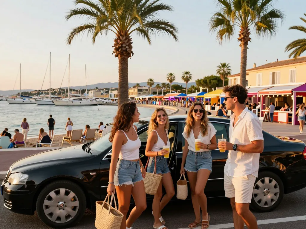 Taxi Saint-Tropez - groupe profitant d'une sortie nocturne près du port.
