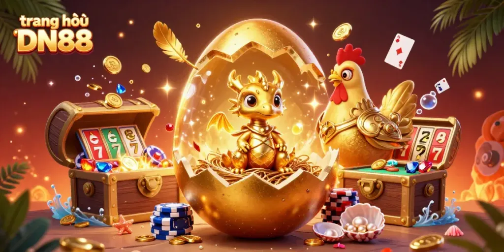 Experience exciting gameplay on trang chủ DN88 with a golden dragon and treasure-filled scene