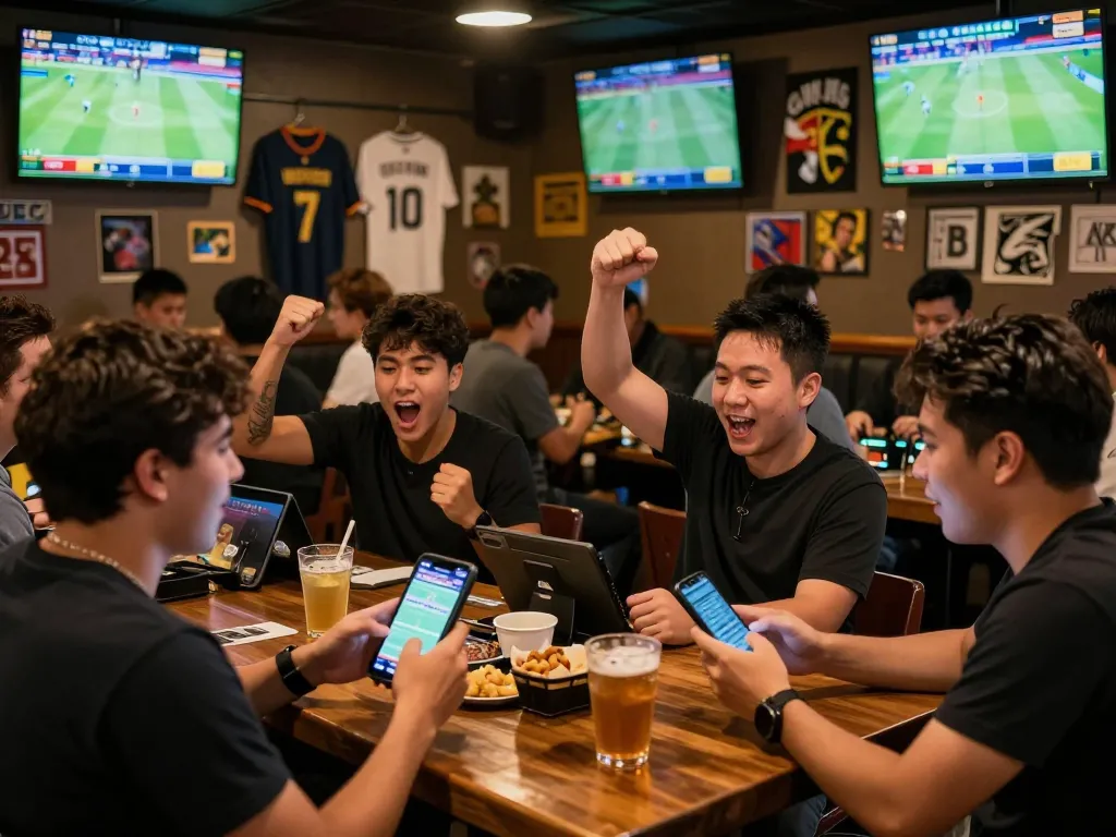 Cá cược Say88 at a lively sports bar with fans cheering and betting on live games.
