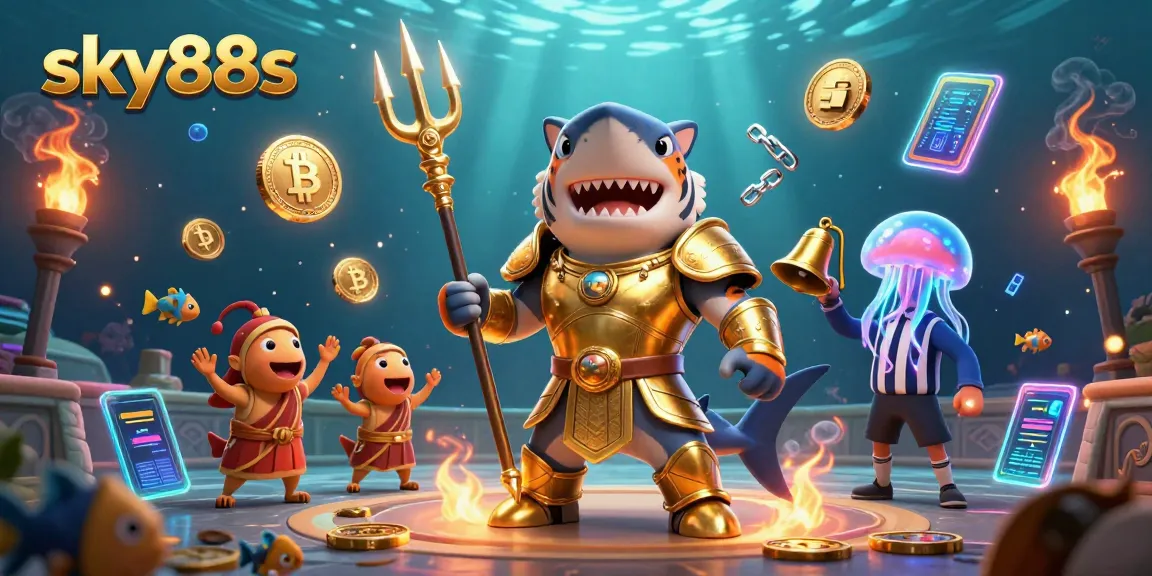 Experience thrilling gameplay at sky88s with an underwater colosseum featuring a shark gladiator.