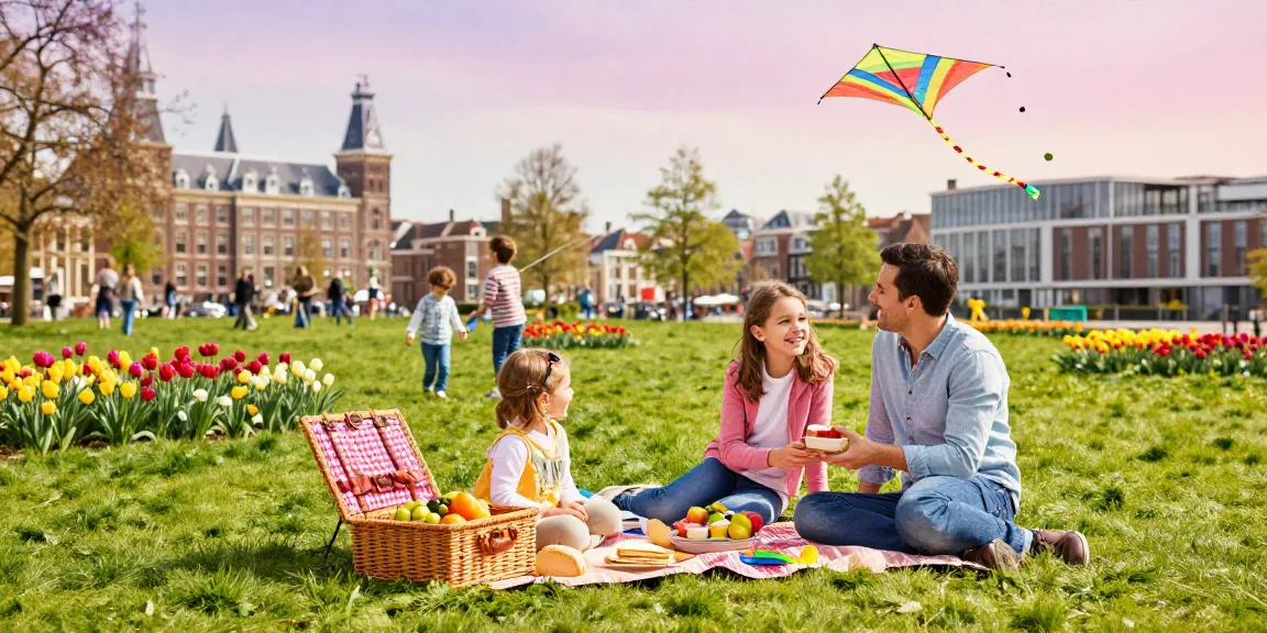 Tips den Haag for family outings; family enjoying a spring picnic in the park with historic buildings.