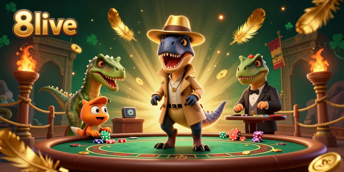 8live players enjoying casino excitement with a velociraptor card counter, stegosaurus pit boss, and surprising elements.