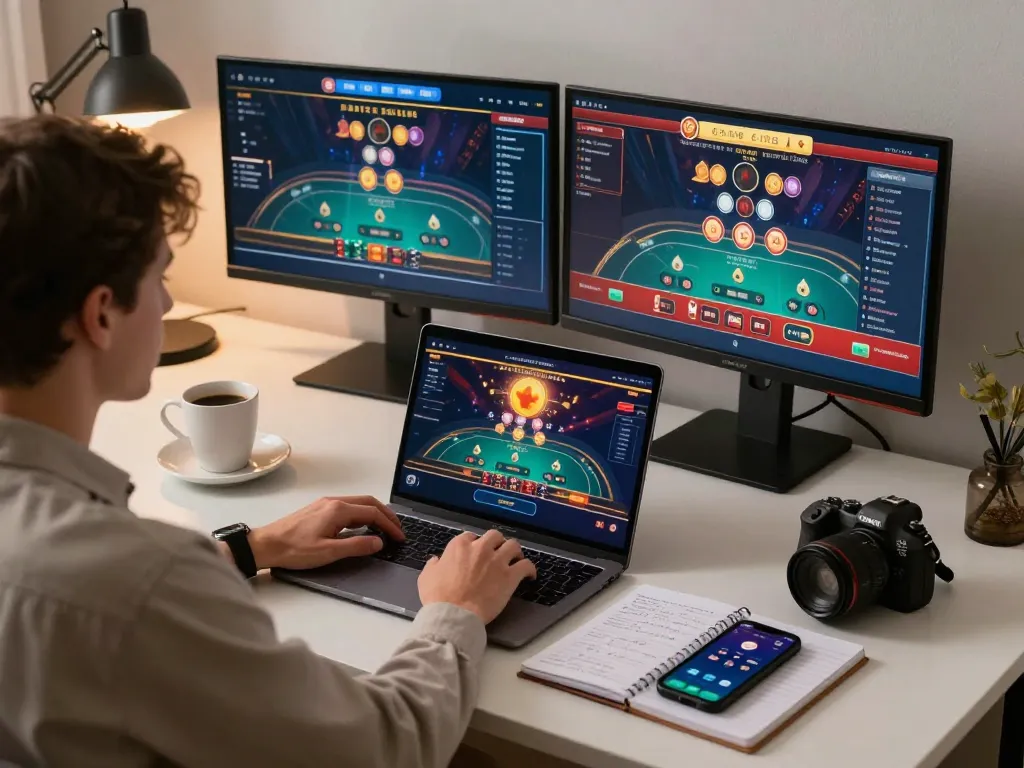Player focusing on an online poker game at home using jus77 platform, showcasing strategic gameplay.