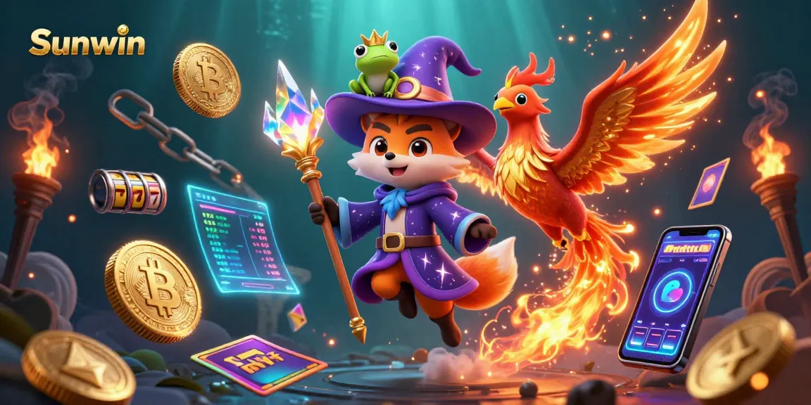 Engage with Sunwin's captivating gaming scene showcasing exciting slot reels and crypto elements.