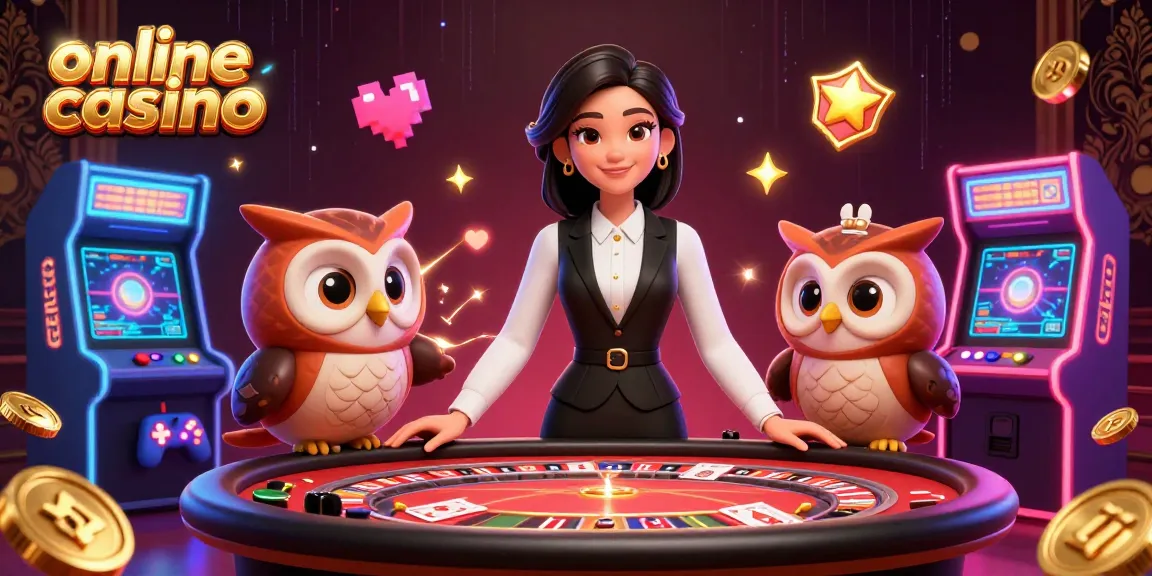 Experience excitement at an online casino with a dealer, owl assistant, and game elements.