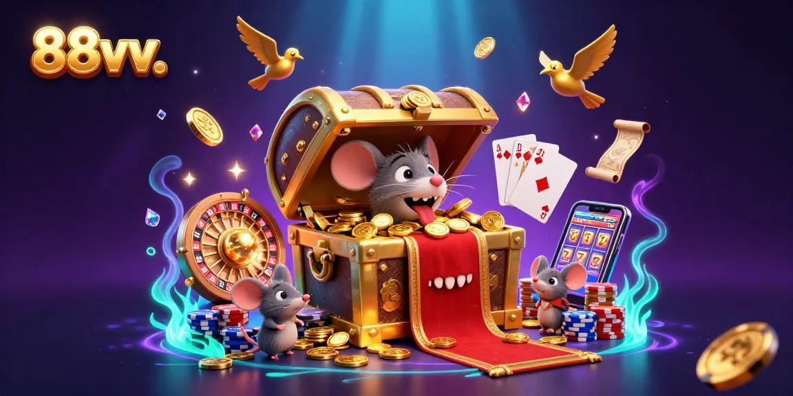 Engage with 88vv's vibrant casino scene featuring a golden treasure chest mimicking adventurer mice amidst dancing coins and treasures.