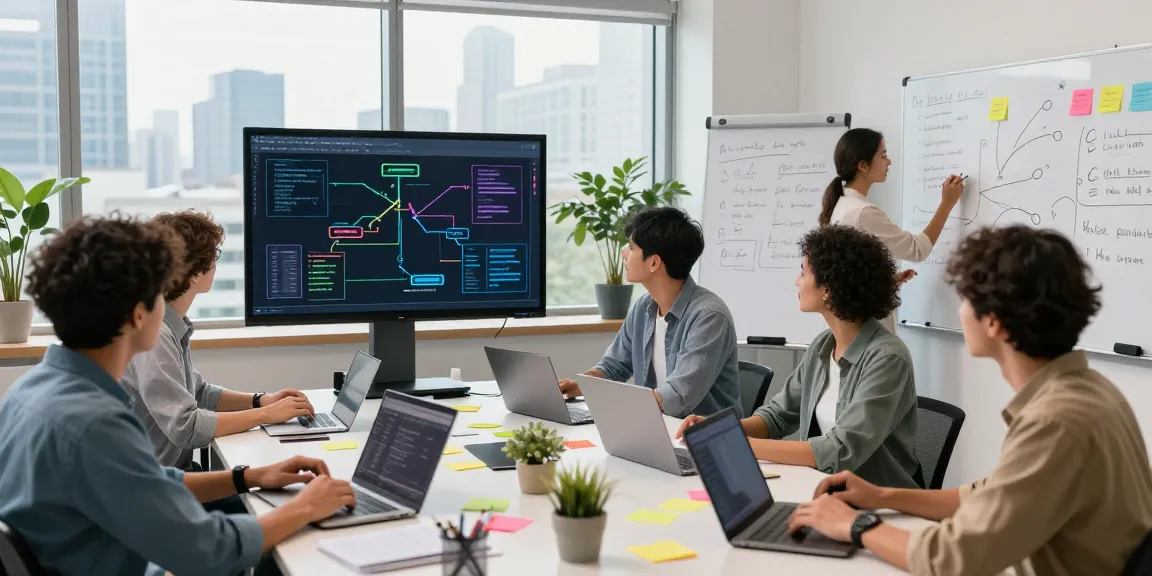 Team collaborating to build internal tools with AI in a modern workspace.