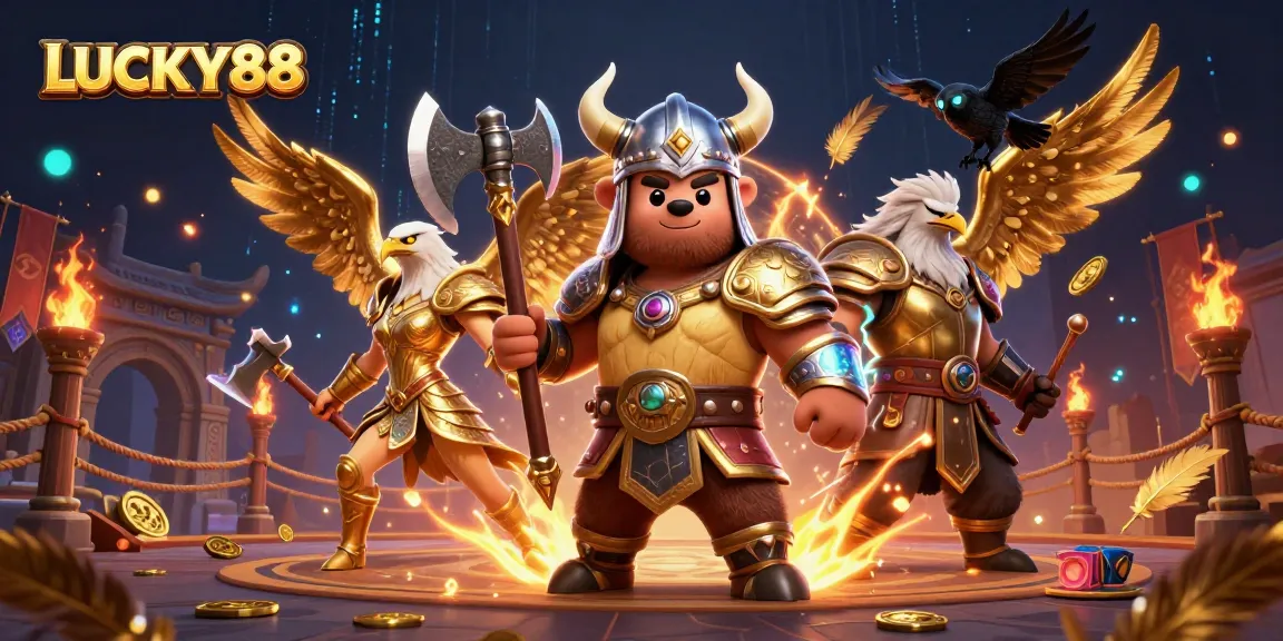 LUCKY88 players engage in a vibrant 3D gambling scene with fierce characters and dynamic casino elements.
