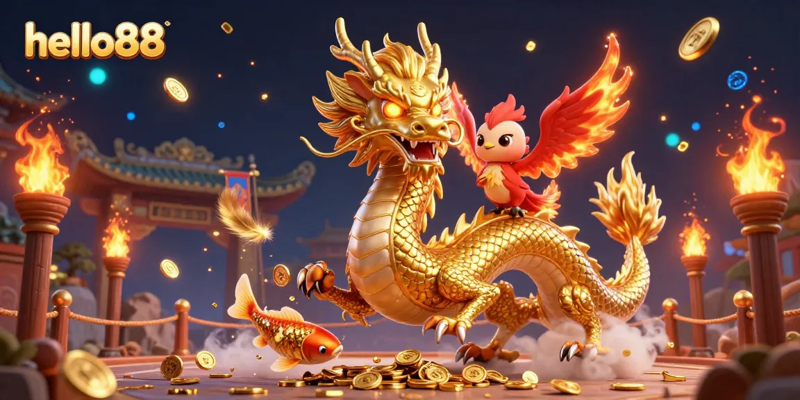 Engage in thrilling gameplay with hello88's colorful dragon, phoenix, and koi fish amidst gold tokens.