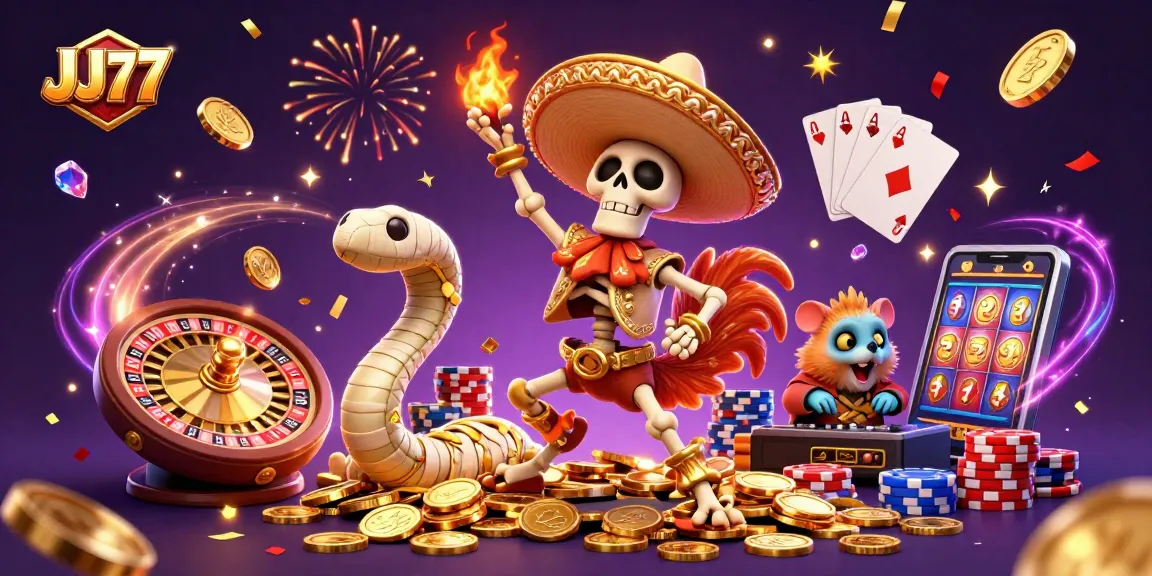 Experience thrilling victories with JJ77 in a dazzling casino scene featuring a mariachi rooster.
