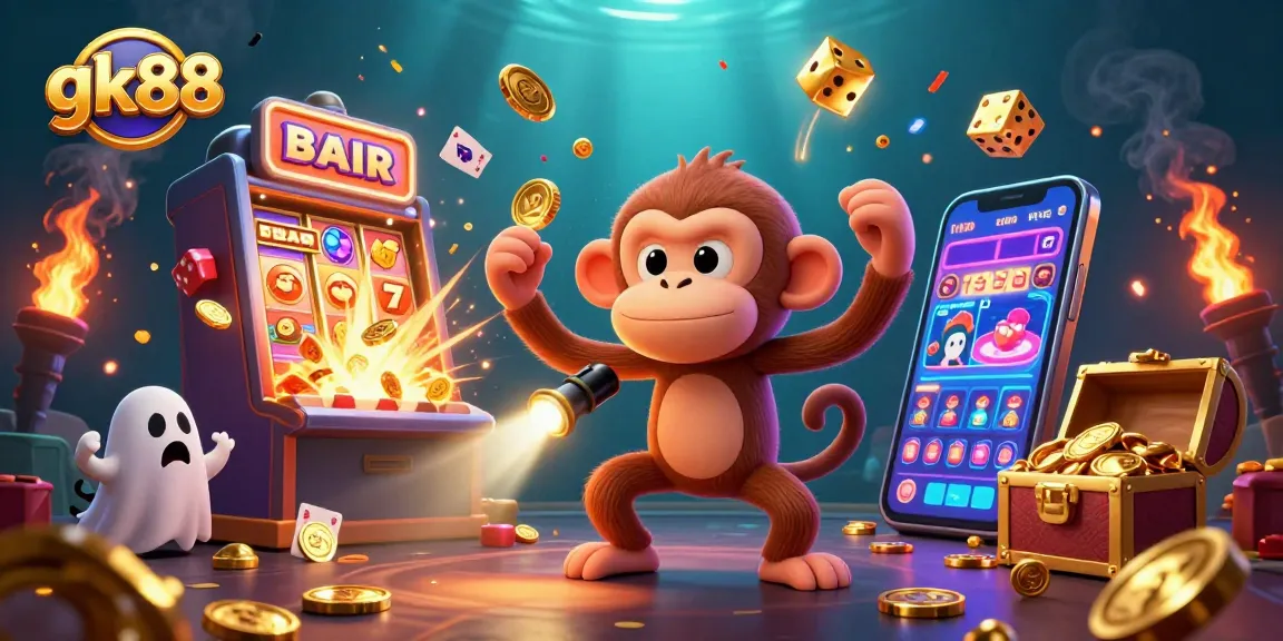 Experience the thrilling chaos of gk88 at a haunted casino with gold items and playful characters.