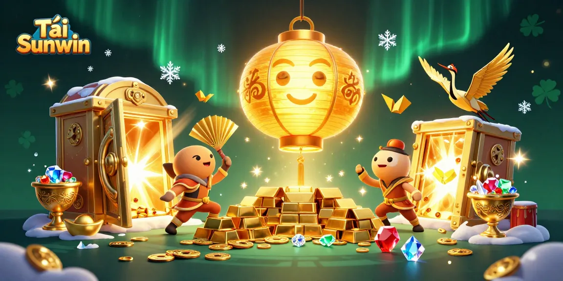 Tải Sunwin offers a visual extravaganza with golden lantern spirit and treasures in a dynamic casino scene.