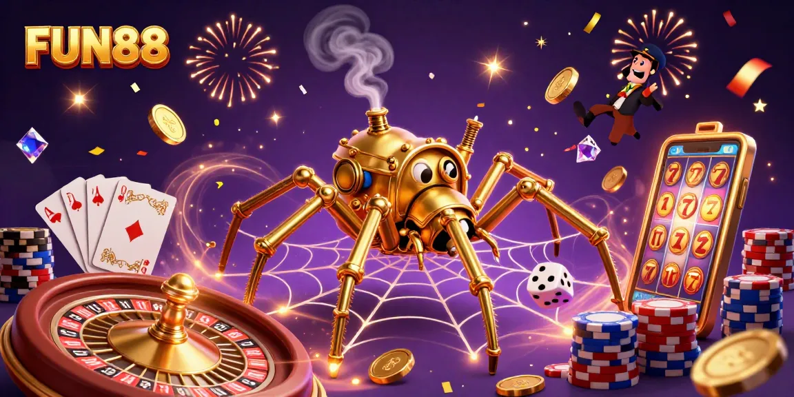Experience thrilling play at FUN88 with a 3D illustration of a steampunk spider catching dice amidst a vibrant casino.