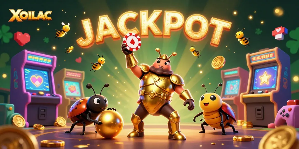Experience the thrill with XOILAC as the gladiator beetle celebrates a jackpot in a vibrant casino scene.