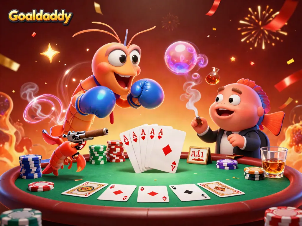 Engage with Goaldaddy's live poker action in a vibrant 3D render featuring charismatic shrimp characters.