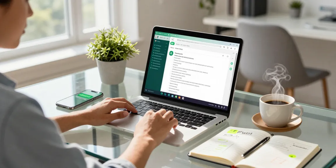 Professional using WhatsApp網頁版 on a laptop in a bright home office, engaged in seamless communication.