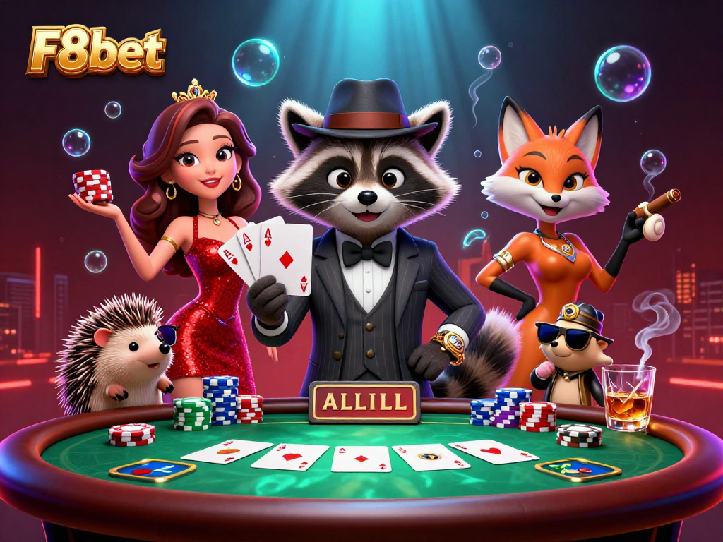 Experience F8bet's vibrant casino scene with a suave raccoon, fox lady, and hedgehog bouncer.