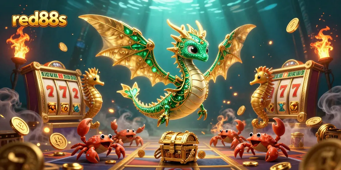 Join the excitement of red88s with a mystical dragon and gambling elements in this immersive scene.