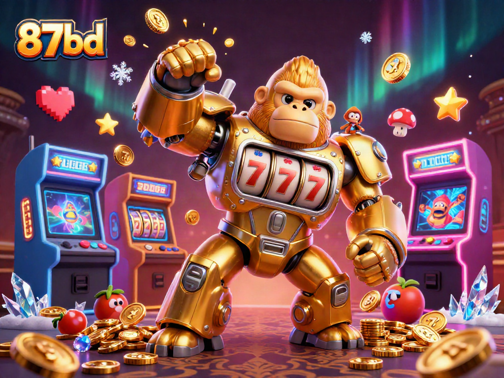 Experience thrilling gameplay with 87bd's golden gorilla mech surrounded by vibrant casino elements.
