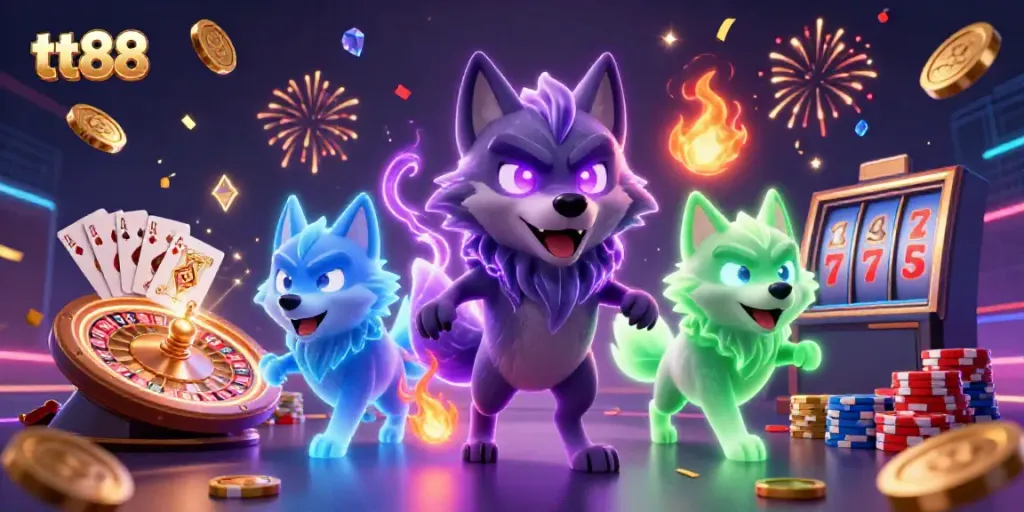 Engage with the tt88 gaming experience through a vibrant scene featuring animated wolves and casino elements.