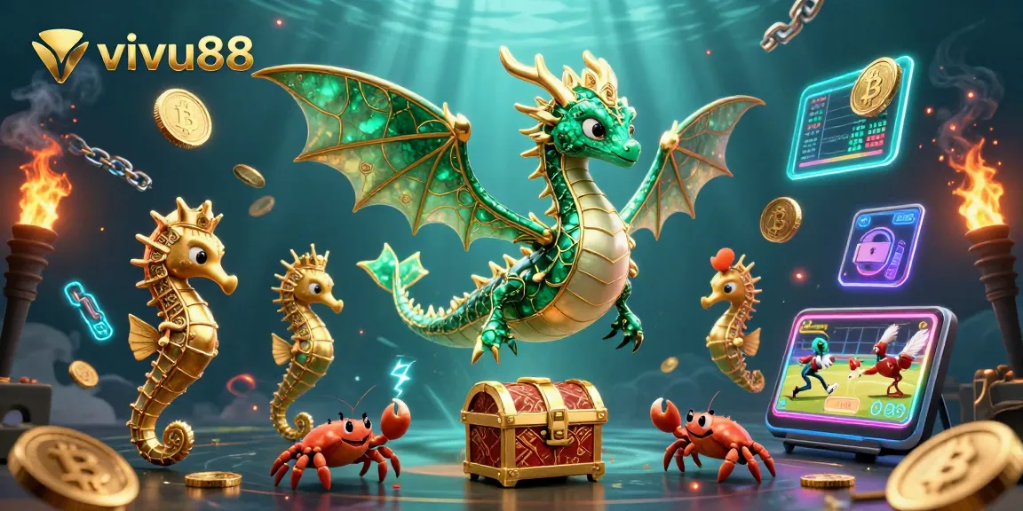 Join the excitement at vivu88 with an emerald dragon, vibrant coins, and intense cockfighting scenery.