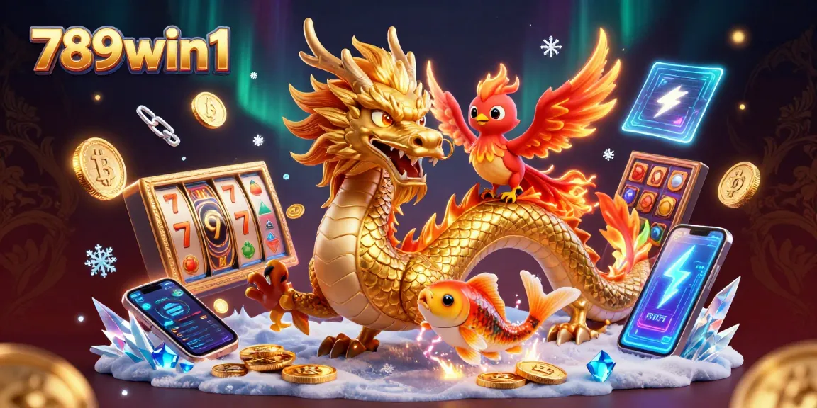 Engage with 789win1's exciting casino world, featuring a dragon, phoenix, and koi amidst glowing coins.