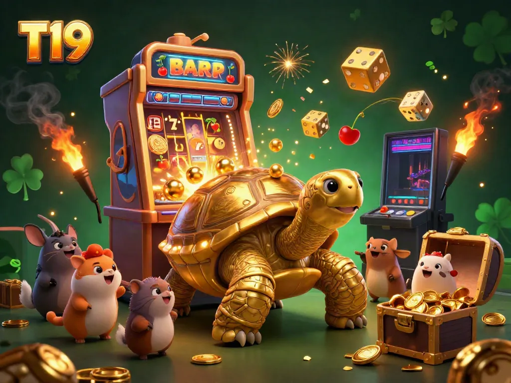 T19 engages players with a vibrant 3D casino scene showcasing a golden tortoise pinball machine, jackpot slot, and colorful game elements.