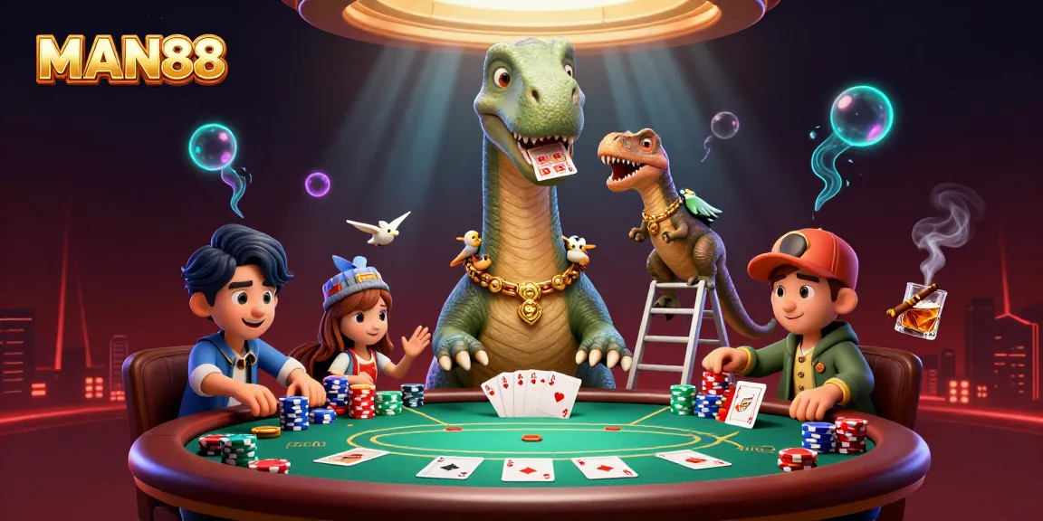 Experience thrilling poker action at MAN88 with dynamic dinosaur characters and colorful casino elements.