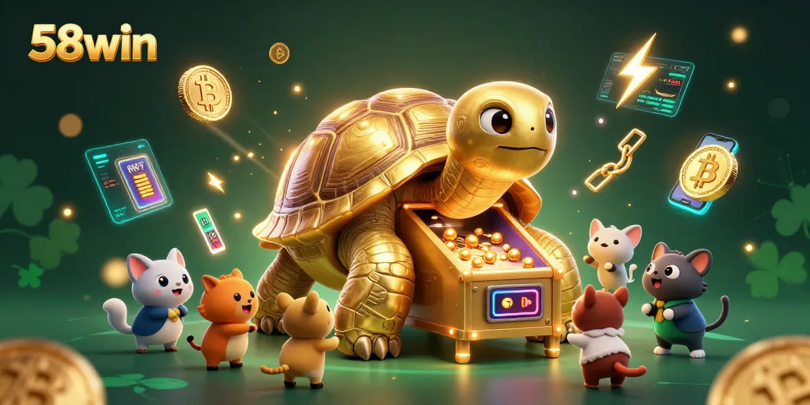 Join the excitement at 58win with a lively scene featuring a golden tortoise pinball machine amidst lively crypto elements.