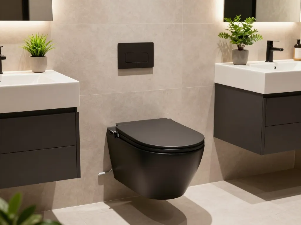Compacte kleine wc, zichtbaar in een stijlvolle badkamer, die een ontwerp van een kleine wc pot toont.
