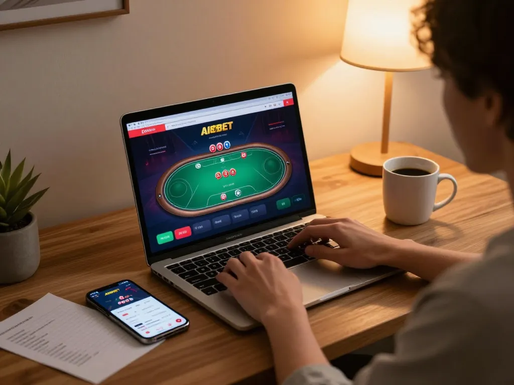 A player engaging in online poker at AI88BET, showcasing their strategy notes in a cozy home environment.