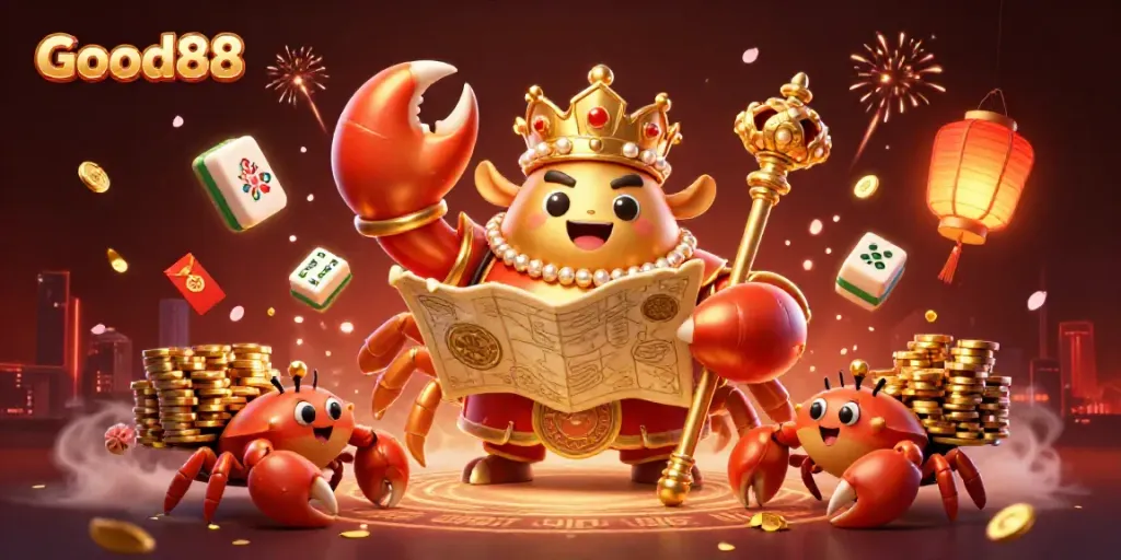 Experience the vibrant world of Good88 with a golden crab emperor and rich gaming elements.
