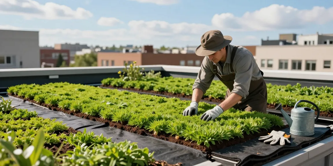 Tuinier installeert sedumdak kosten op een stedelijk dak, met duurzame tuinpraktijken en milieuvriendelijke voordelen.