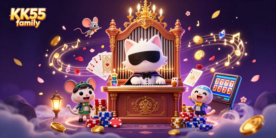 Spin the reels with KK55 family in an enchanting casino scene filled with vibrant colors and dynamic gaming elements.