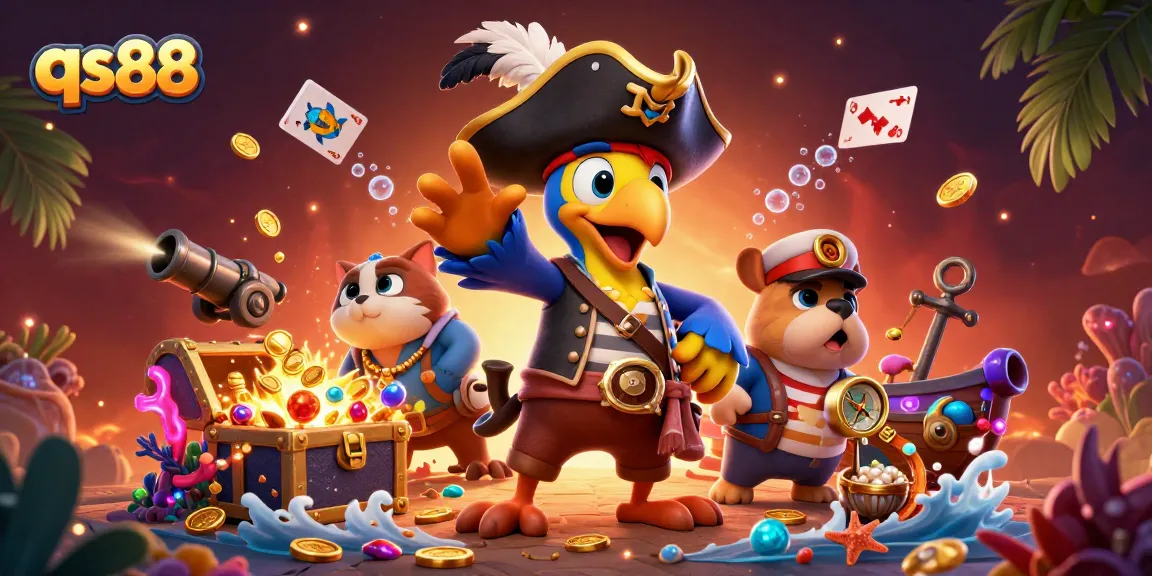 Engage in thrilling gameplay at qs88 with pirate-themed characters, treasure, and animated game elements.