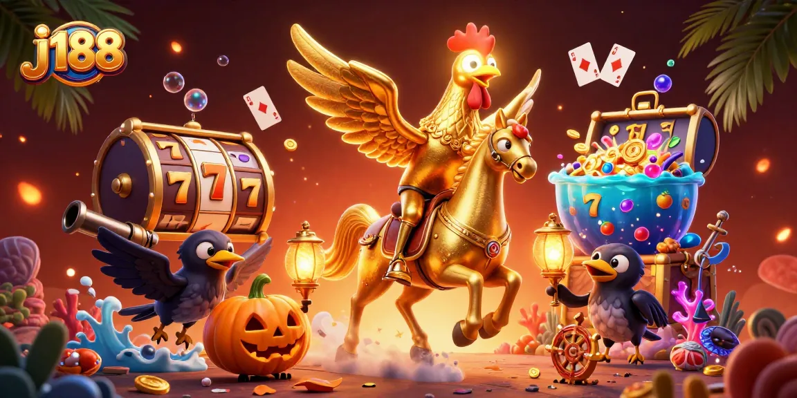 Engage with j188's thrilling casino experience featuring vibrant golden rooster characters and exciting game elements.