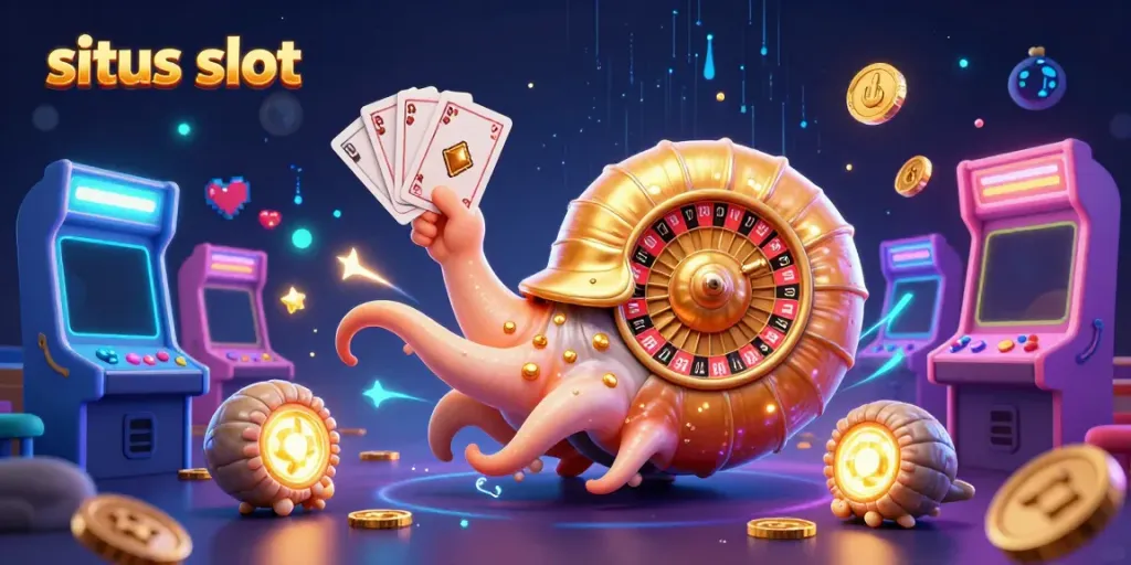 Situs slot illustration showcasing an ancient nautilus roulette wheel surrounded by vibrant arcade game elements.