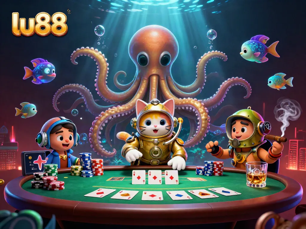 Experience thrilling gameplay at lu88 with a vibrant scene of a cartoon kraken, diving cat, and poker action.