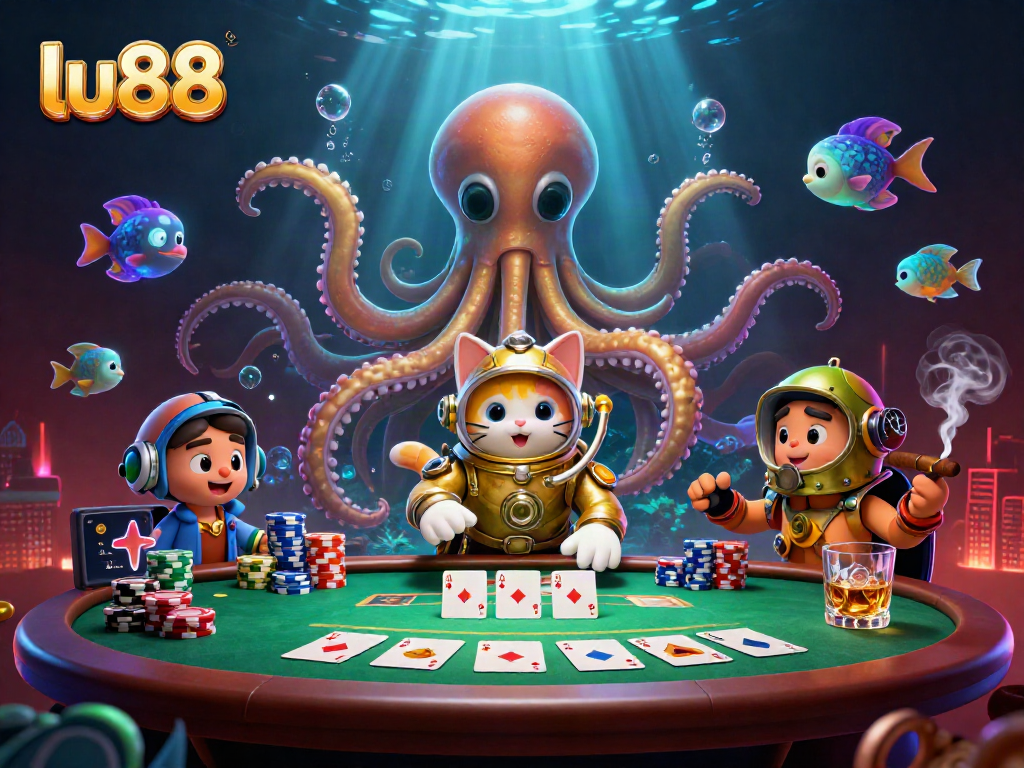 Experience thrilling gameplay at lu88 with a vibrant scene of a cartoon kraken, diving cat, and poker action.