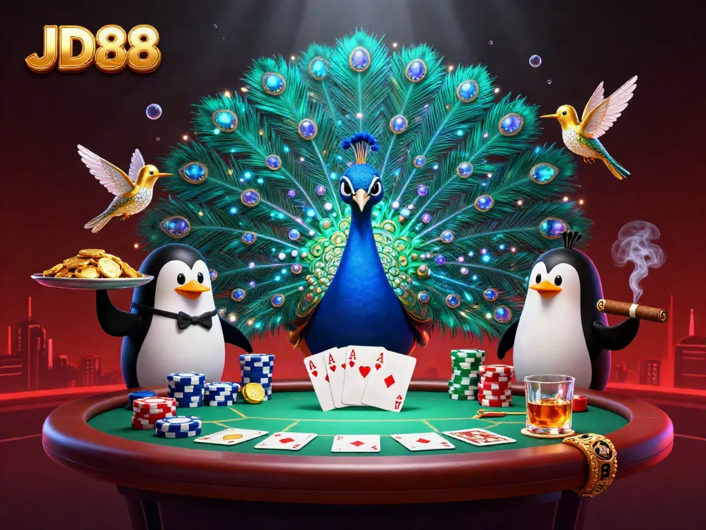 Experience the excitement of JD88 with a colorful casino scene featuring a peacock, penguin, and hummingbird.
