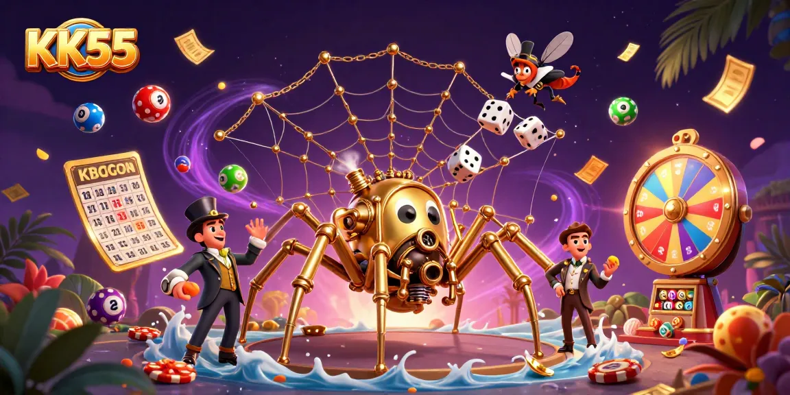 KK55 reveals an engaging steampunk scene with a golden spider, lucky dice, and bouncing lottery balls.