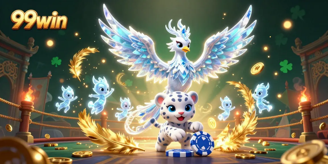 Engage with 99win's vibrant casino scene featuring a majestic ice phoenix and playful snow leopard.