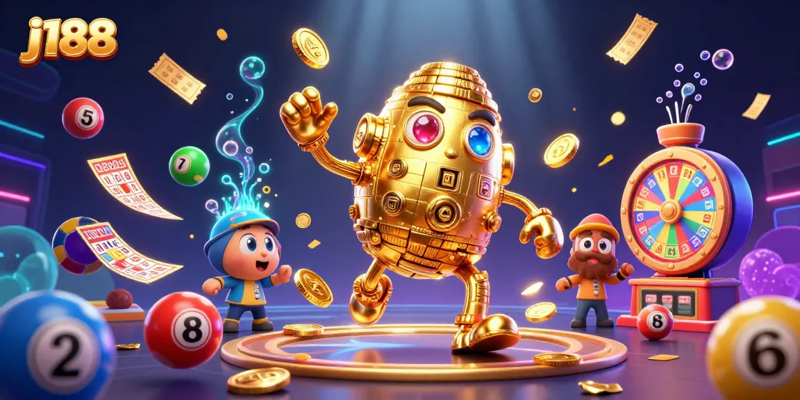 Experience j188 excitement with a golden golem surrounded by dynamic lottery elements.