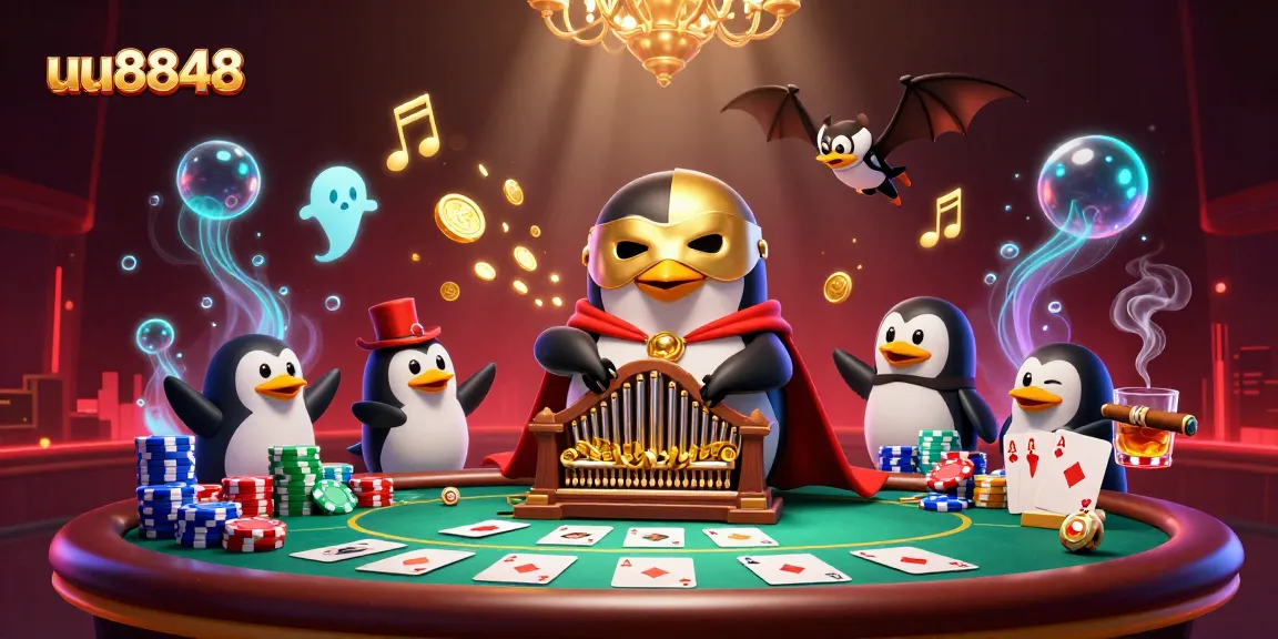 Experience excitement at uu8848 as a penguin plays music and golden coins rain down in this vibrant casino scene.